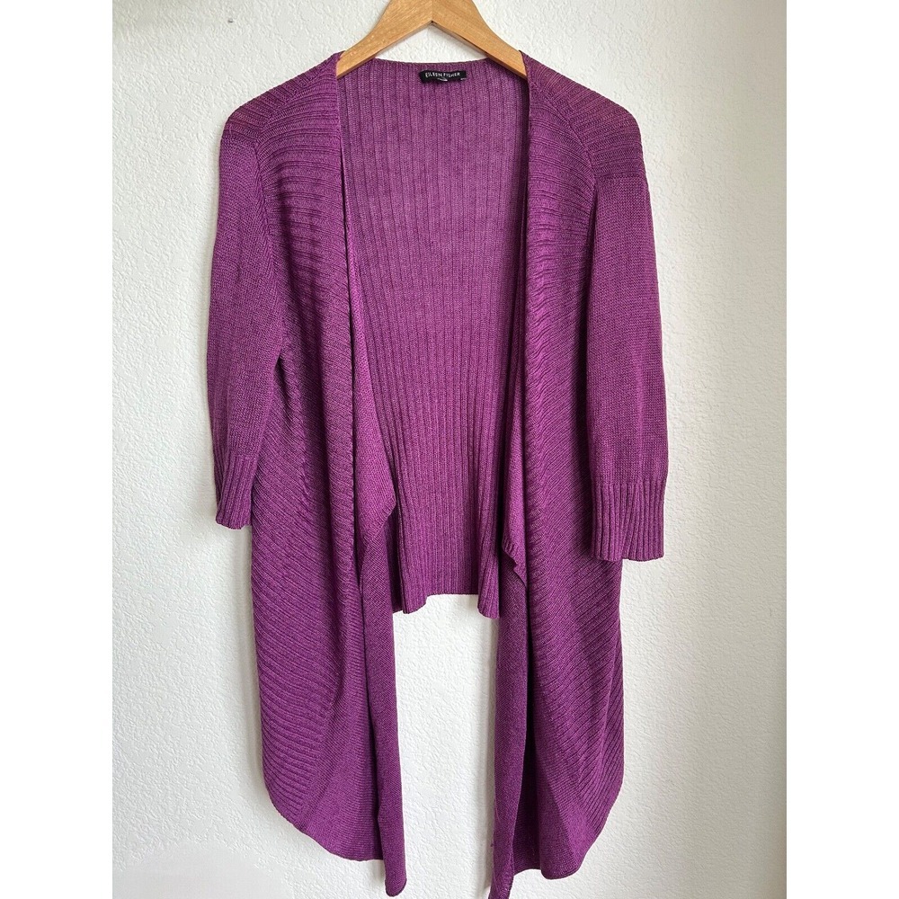 Eileen Fisher Size S Purple LINEN SILK‎ 3/4 Sleeve Cascade Open Cardigan Sweater